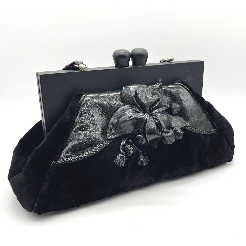Anthony Luciano Black Mink Fur Leather Wood Frame Handbag Flower Detail